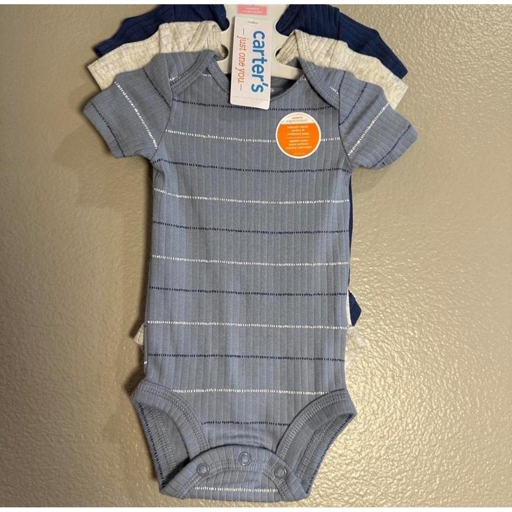 Carters Just One You Newborn Bodysuit 3 Pack Ribbed Striped Blue Navy Grey NWT